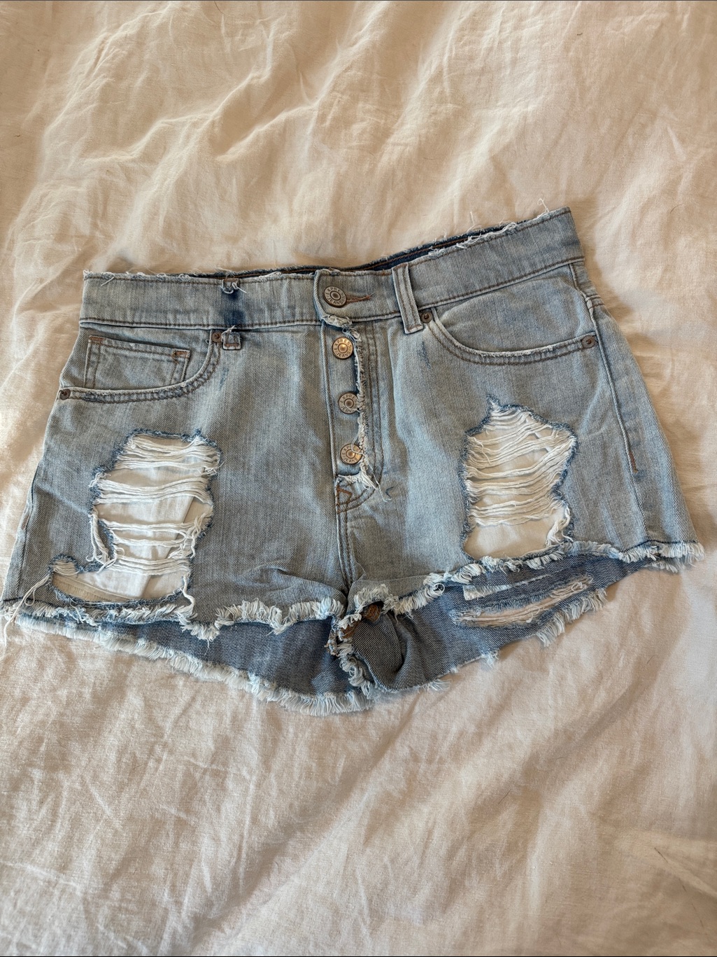 Express Light Blue Ripped Button-Front Denim Shorts Size 8